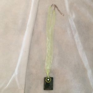 Green Stone with Rhinestone Flower Ribbon Necklace